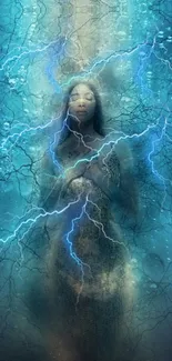 Ethereal underwater fantasy scene with blue lightning and serene figure.