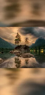 Dramatic mountain lake landscape with lightning in evening sky.