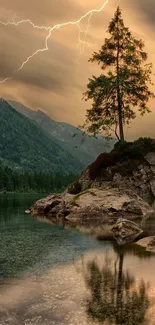 Serene mountain landscape with lightning and calm lake reflection.