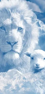 Lion and lamb in serene sky blue tones mobile wallpaper.