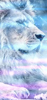 Majestic lion resting in an icy, serene landscape filled with soft blues.