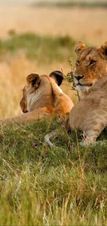 Two lionesses resting in the golden savannah, capturing serene wildlife beauty.