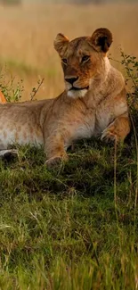 Lioness resting in serene African savanna landscape.