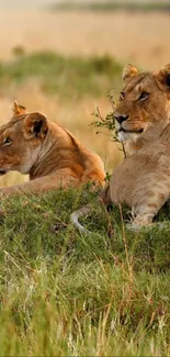 Two lionesses resting in a grassy savannah landscape.