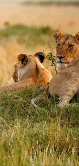 Serene lioness resting on golden savannah grass.