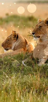 Two majestic lions resting in African grassland under warm sunlight.