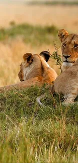 Lions lounging peacefully in golden savannah grass.