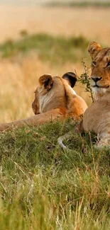 Lions resting in the grassy Savannah, exuding calm and grace.