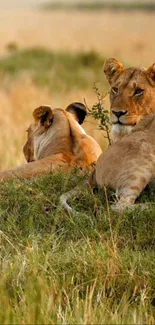 Two lions resting in a grassy savannah, embodying calm and majesty.