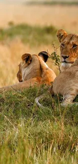 Two lions resting in the golden savannah grass.