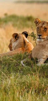 Serene lions resting in the savannah grass.