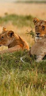 Two lions resting in the African savanna on a sunny day.