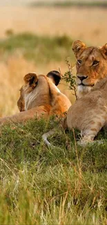 Two lions resting on a grassy savannah in warm golden light.