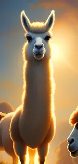 Serene llamas basking in the sunset glow.