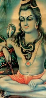 Peaceful artistic depiction of Lord Shiva with a teal background.