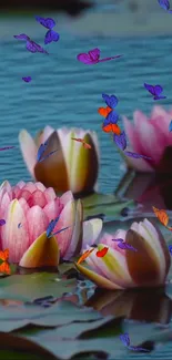 Mobile wallpaper with lotus and colorful butterflies over water.