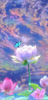 Lotus and butterfly with colorful sky in serene mobile wallpaper.