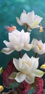 3D wallpaper with lotus flowers and fish in an aquatic setting.