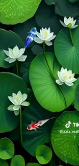 Mobile wallpaper featuring koi fish swimming among lotus flowers.