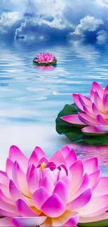 Serene wallpaper with pink lotus on reflective water under a cloudy sky.