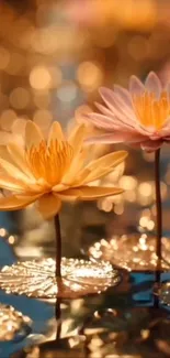 Golden lotus flowers reflect on water with bokeh lights.