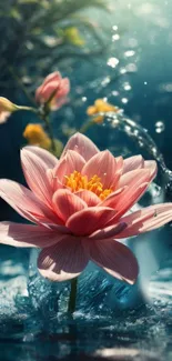 Pink lotus blossom in water with splashes in serene natural setting.