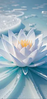 Serene lotus flower with dewdrops on soft blue background.