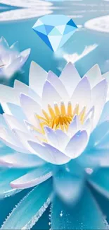 Serene lotus flower with blue diamond on teal background.