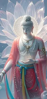 Divine figure with lotus petals in serene atmosphere.