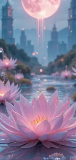 Lotus flowers in a moonlit fantasy landscape with glowing water and towers.