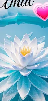 White lotus flower on calm blue pond with heart icon.