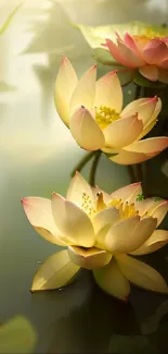 Mobile wallpaper of pastel lotus flowers reflecting on a serene water surface.