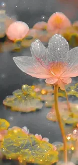 Serene lotus flower with pink petals and golden leaves.