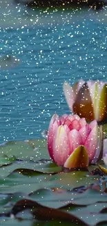 Serene pink lotus flowers floating on a blue pond with gentle snowflakes.