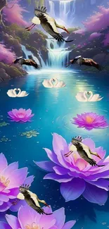 Lotus flowers and birds by a tranquil waterfall.