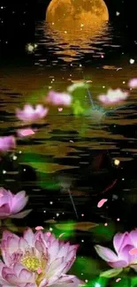 Lotus flowers reflecting under a full moon on a serene, dark water surface.