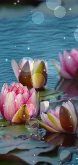 Mobile wallpaper with pink lotus flowers on a serene pond.