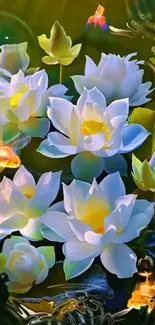 Serene wallpaper with lotus flowers and goldfish in a tranquil pond setting.