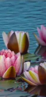 Serene lotus pond with pink flowers on calm water.