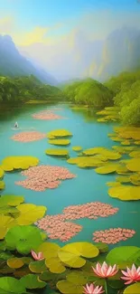 Serene lotus pond with lush greenery and mountains in the background.