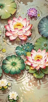 Serene illustration of lotus pond with colorful flowers and lily pads.