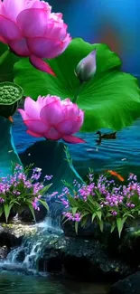 Serene lotus flowers blooming in a tranquil pond.