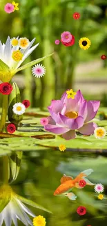 Lotus pond with water lilies and a goldfish mirror reflection.