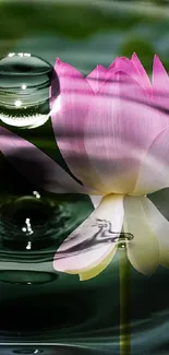 Calm pink lotus flower reflecting on water.