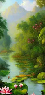 Peaceful river scene with lotus flowers and lush greenery.