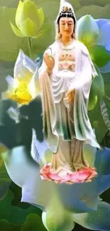 Serene statue surrounded by lush lotus flowers on a mobile wallpaper.