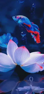 Lotus flower and Betta fish in vibrant blue hues on mobile wallpaper.