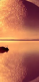 Sailboat and tree reflecting beneath a large full moon on calm waters.