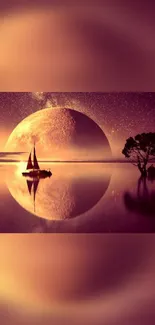 Tranquil moonlit scene with boat and tree reflecting on calm waters.