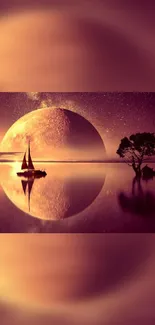 Wallpaper showing a boat and tree silhouetted against a massive moon and starry sky.